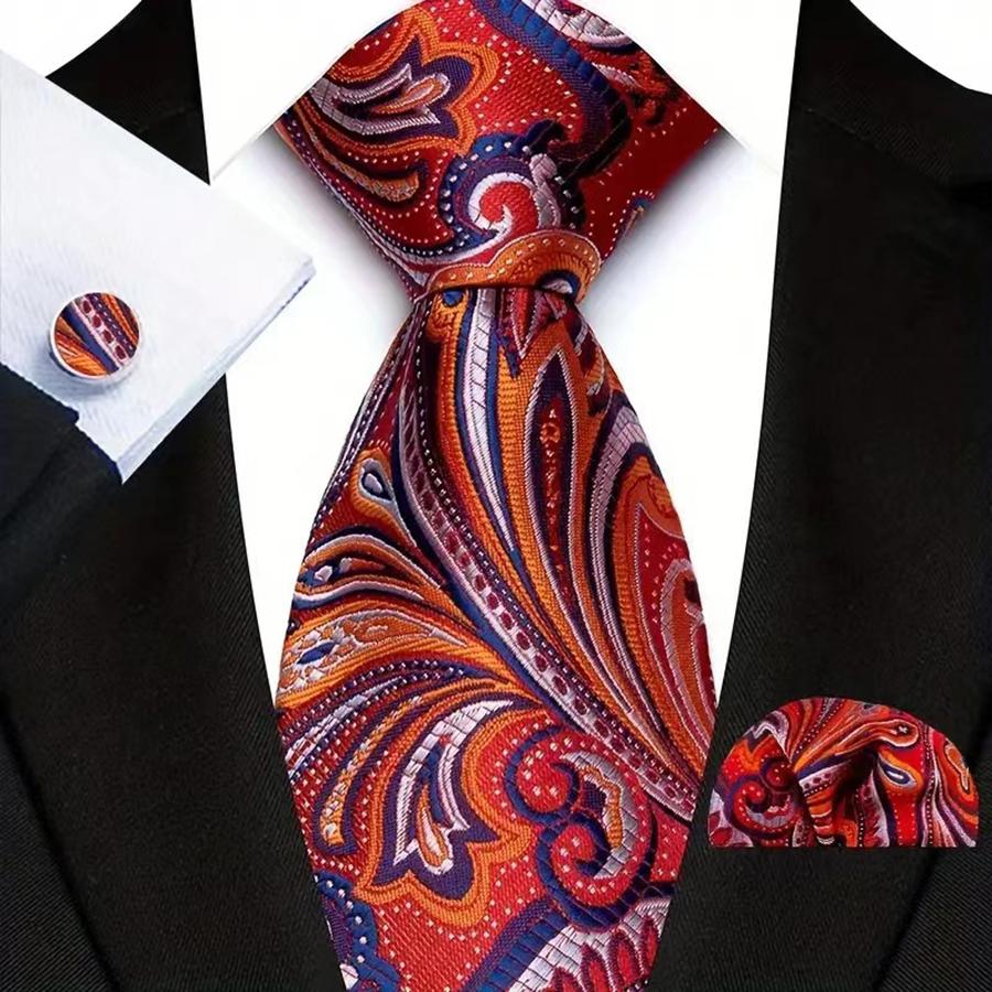 Red Striped Paisley Solid Floral Wedding 8CM Tie For Men Design Mens Necktie Hanky Cufflink Set For Daily Wear Business Party
