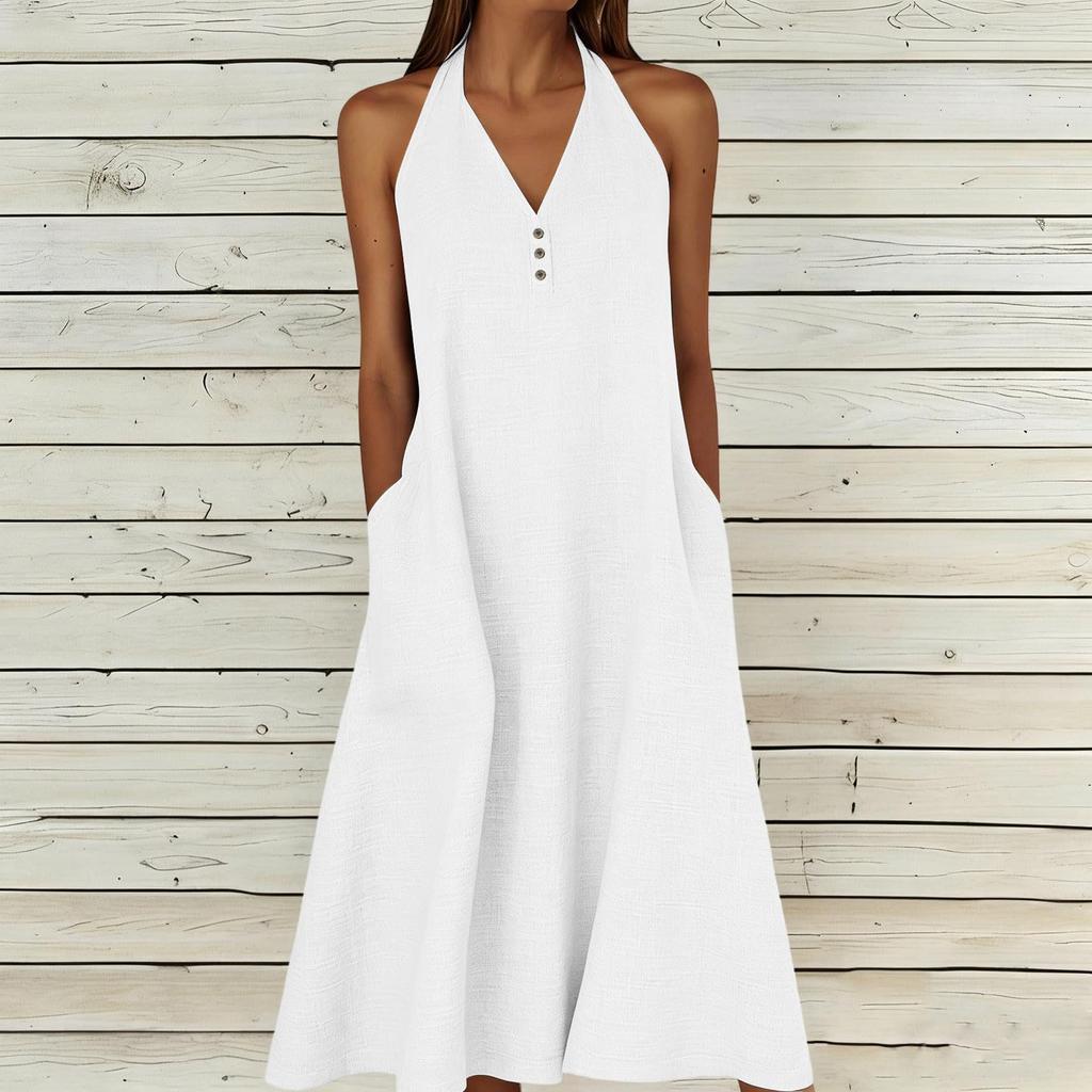 Fashion Women's Summer Dress Cotton Linen V-neck Backless Dress With Pockets Sun Skirt