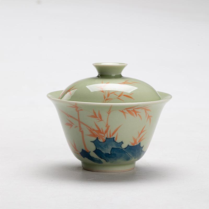 

120ml Hand-painted Pink Bamboo Pastel Green Gaiwan Ancient Tea Tureen Tea Bowl With Lid Kit Tea Maker Cover Bowl Tableware Gift