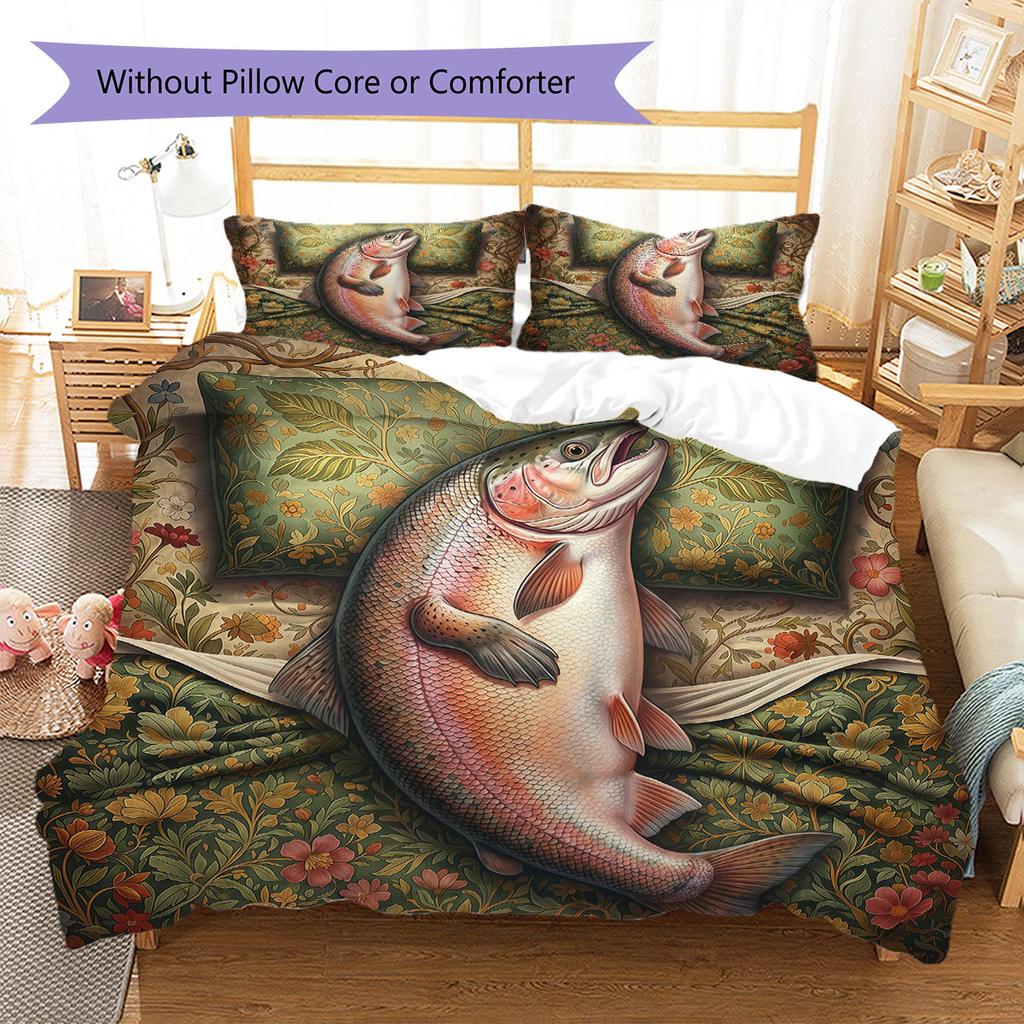 Sleeping fish Pattern Bedding Quilt Set Quilt Cover Pillowcase Home Decoration Birthday Gift (1 * duvet cover + 2 * pillowcase, without core)