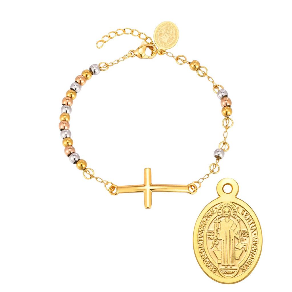 Women's Rosary Cross Virgin Mary Bracelet,Stainless Steel Vintage Charm Beaded Bracelets,Religious Prayer Jewelry Gifts