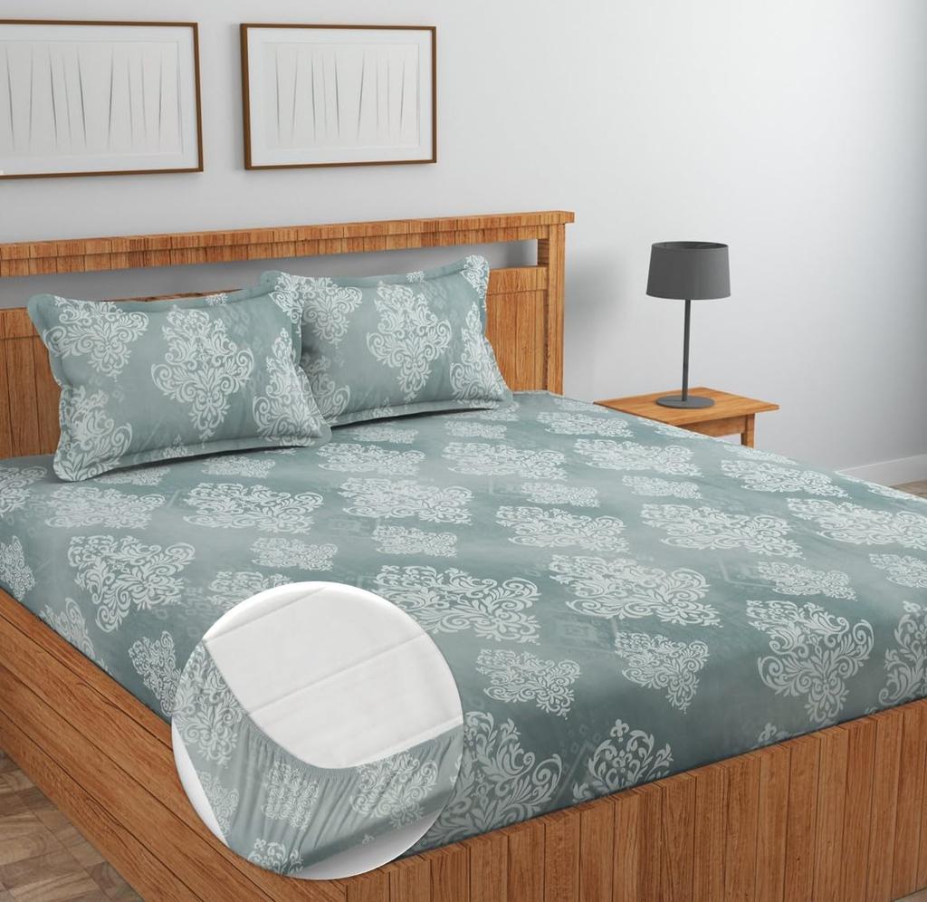 Premium Cotton Elastic Fitted Bedsheets  | Size: Bedsheet - 198.12CM x 182.88CM + 25.4CM (Drop) Pillow Cover -  46 cm x 68 cm