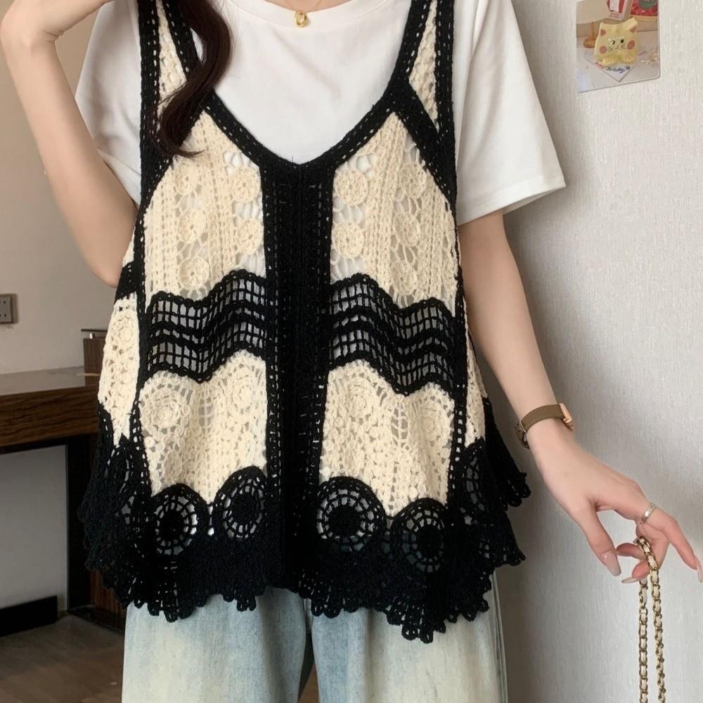 Versatile Hollowed Out Vest Dress Crochet Loose Sleeveless Cover Up Printed Knit Ethnic Bohemian Vest For Summer Beach Vacation