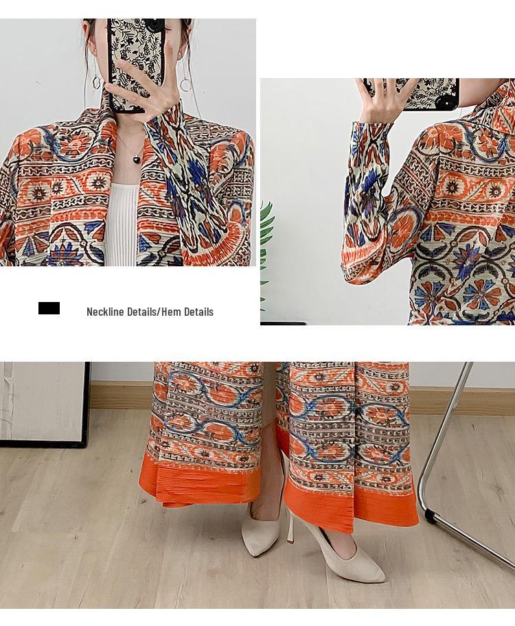 Pleated Retro Print Trench Coat: Women's High-End Loose Tie-Waist Spring & Autumn Muslim Robe Cardigan.