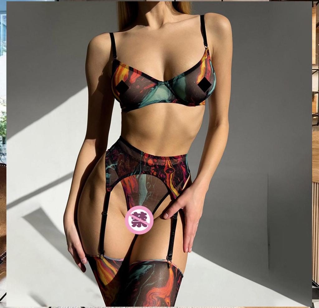 European & American Tie-Dye Colorful Mesh Lingerie Set - Sexy 5-Piece Collection for Women