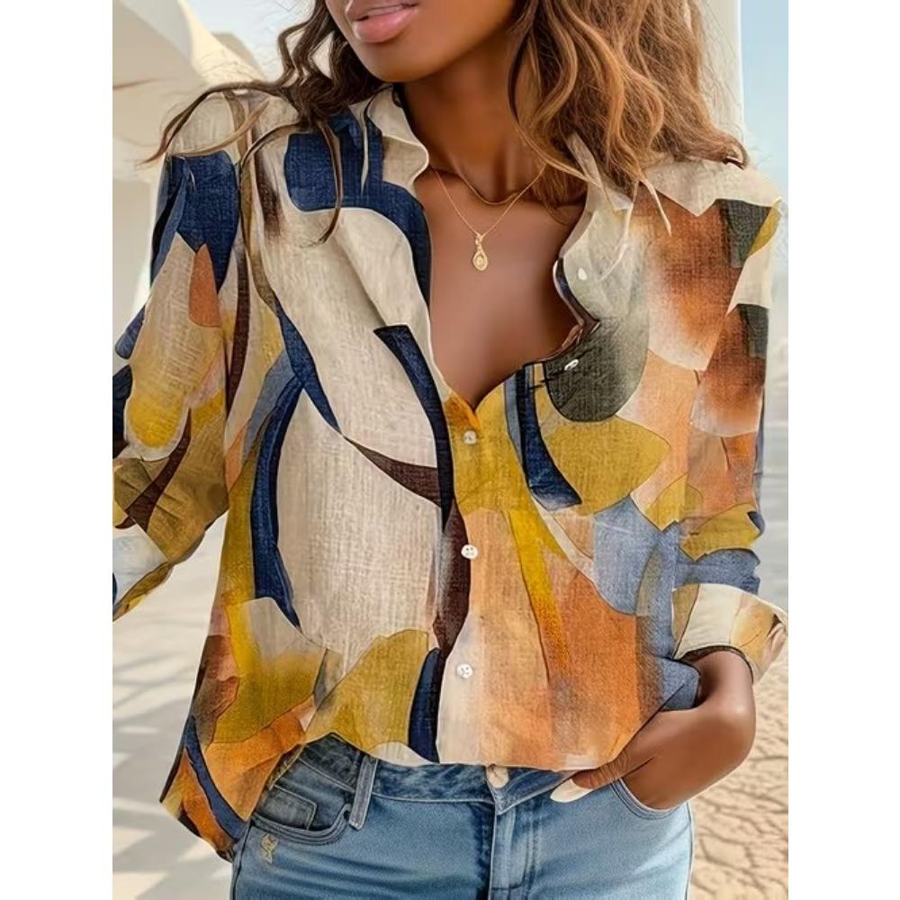 Geometric Pattern Print Women Blouse Spring Autumn Femme Office Lady Button Up Turn Down Collar Shirts