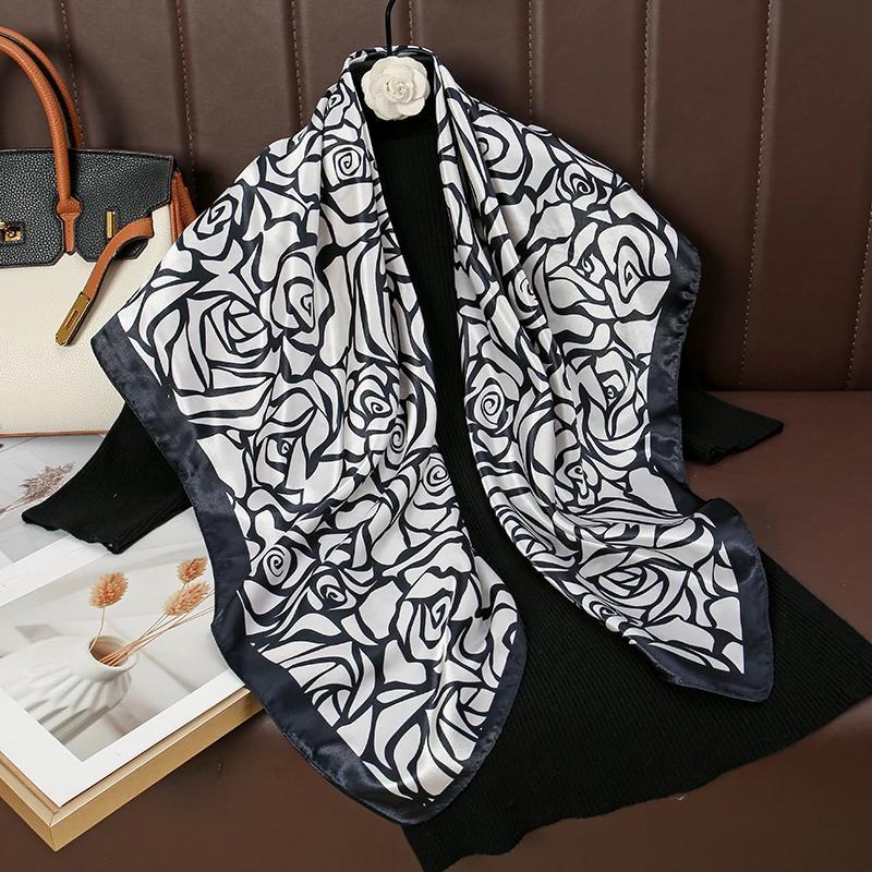 90*90cm Line Rose Printed Square Scarf Polyester Muslim Woman Hijab Shawls Lady Fashion Elegant Wraps Islamic Turban Tippet