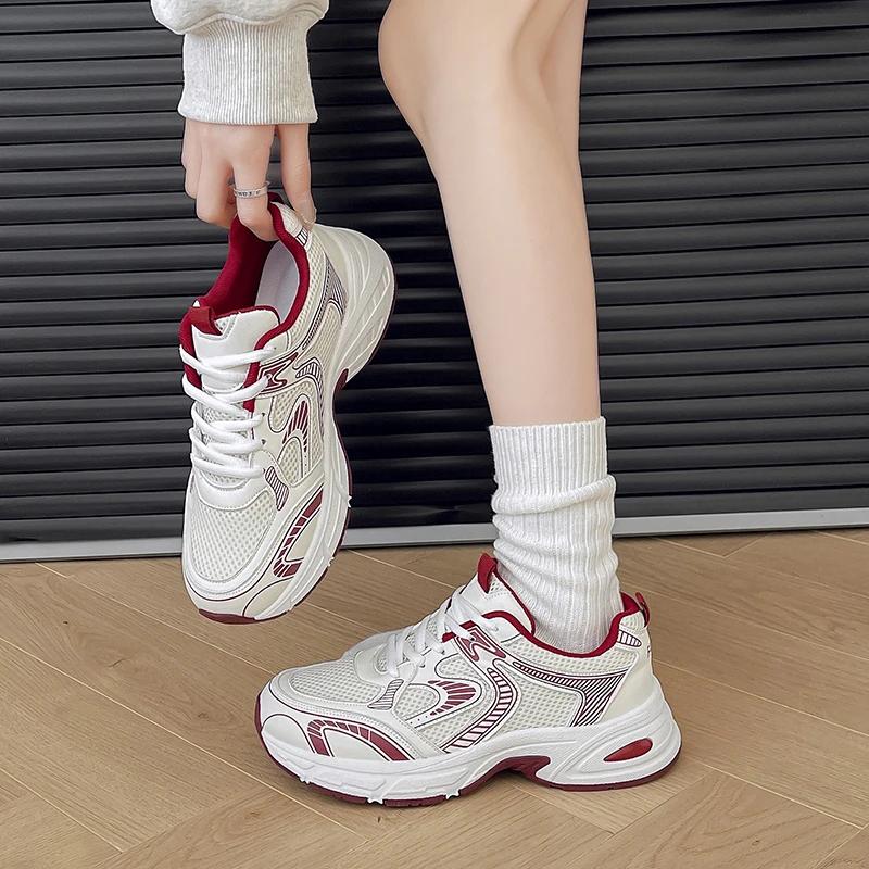Spring and Autumn New Thick Sole Shallow Mouth Breathable Lace-up Match Color Sneakers Fashion Comfortable Casual Women's Shoes