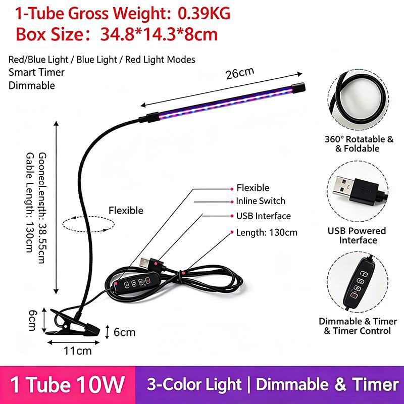 1200LM Luminous Flux Clip-On LED Grow Light with Gooseneck 1/2/3/4-Head Growing Lamp Kit 5V USB Powered Timer & Dimmable, for Greenhouse Hydroponics