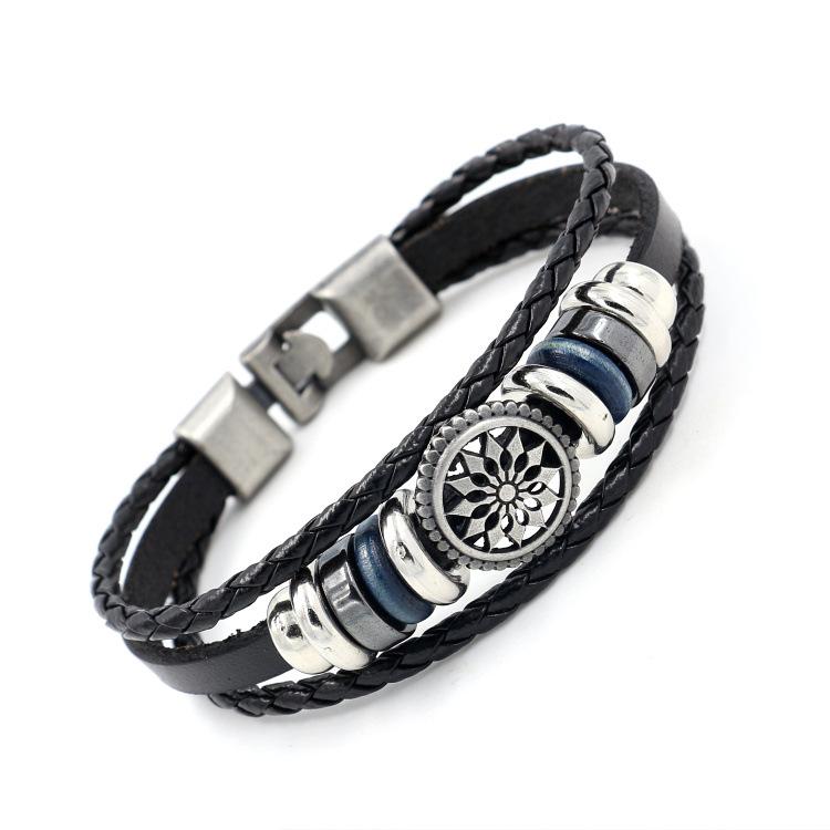 Vintage Men Bead's Leather Bracelet Handmade Leather Cuff Bracelet Punk Style Leather Wrap Wristband for Men