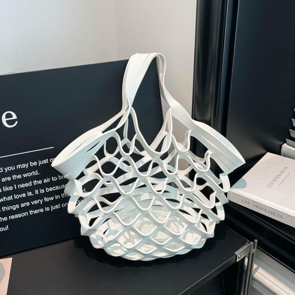 Foldable Leather Folding Tote Bag Large Capacity Woven Handbag Trendy Grocery Bag  Storage