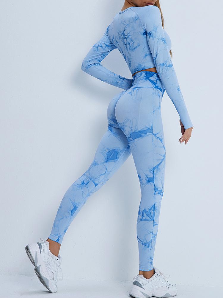 Set de îmbrăcăminte sport pentru yoga cu vopsea cravată: Top și pantaloni cu mânecă lungă pentru femei