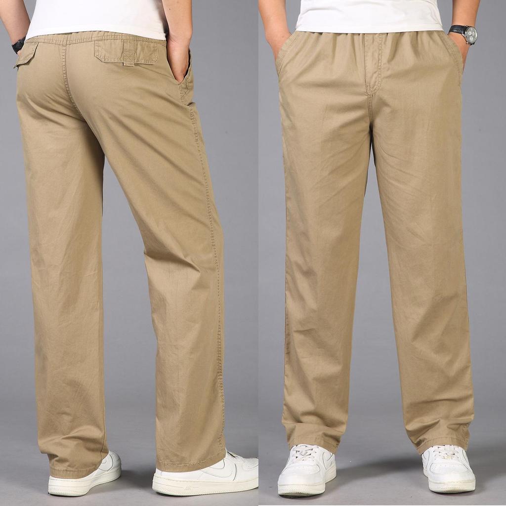 New Summer Men's Cotton Casual Pants Plus Size Overalls Men's Breathable Comfortable Sweat Absorption Solid Color Business Straight Pants