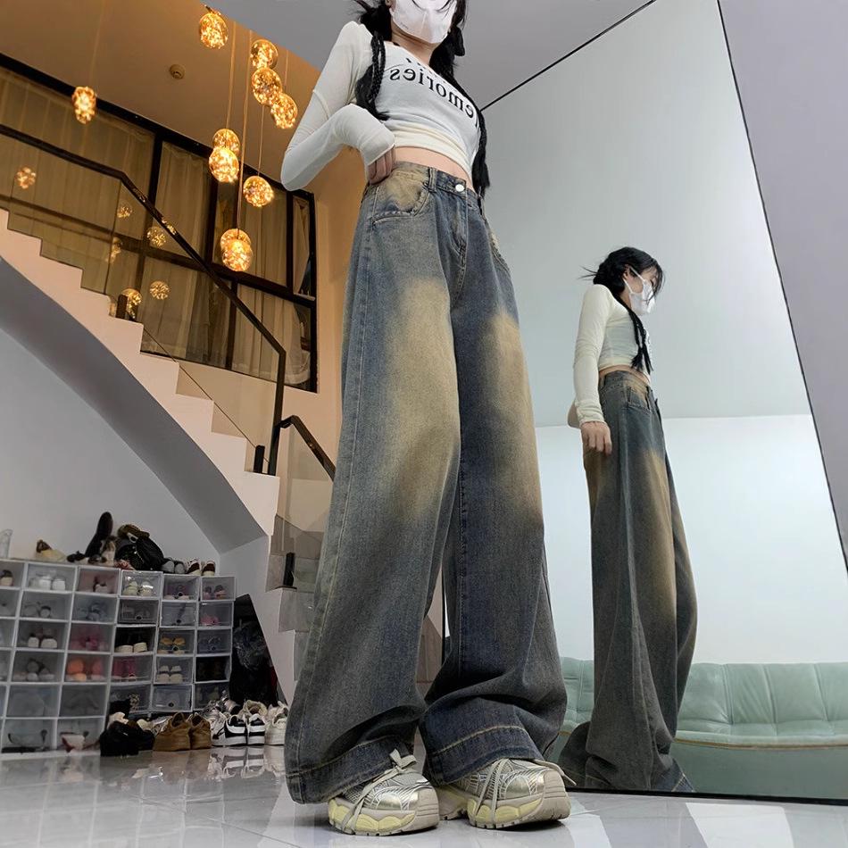 American Vintage Women's Wide Leg Jeans - Autumn 2025 Plus Size, High Waist, Floor-Length Draping Pants.