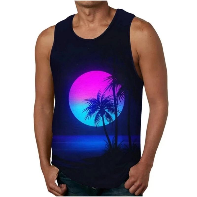3D Printed Color Gradient Sunset Men's Vest with Plant Pattern T-shirt, Summer Loose Vacation Street Sports Top, Round Neck Vest