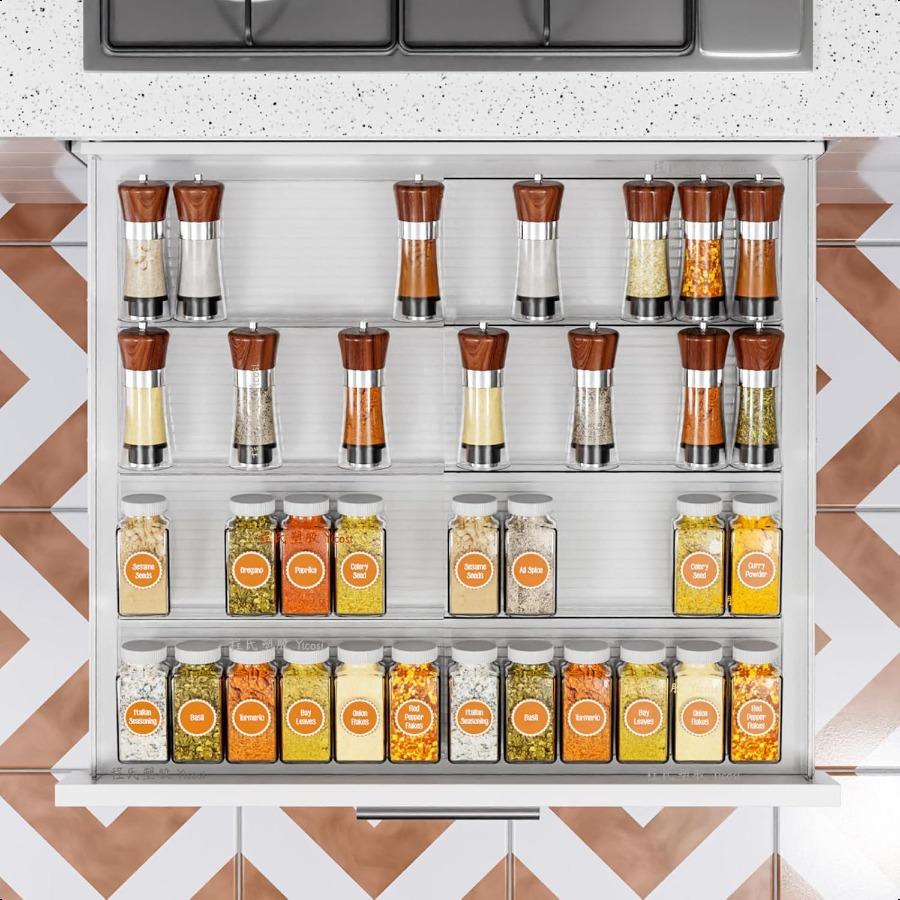 Clear Acrylic Spice Drawer Organizer2 Tier 2 Pack In Drawer Spice Organize and Kitchen Jars Seasoning Organizer Insert Expandab