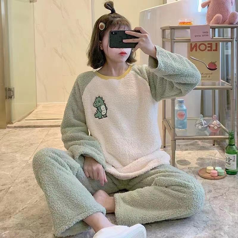 Podzim Zima Teplý Flanel Dámské Pyžamové Sady Zesílený Korálový Samet Dlouhý Rukáv Kreslené Noční Prádlo Flanelové Pyžamo Set Dívka pro mládež