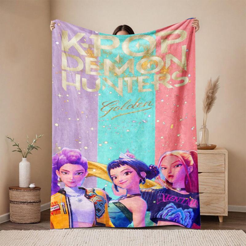 KPop Demon Hunters Cartoon Flannel Blanket - Cozy Throw for Sofa and Naps