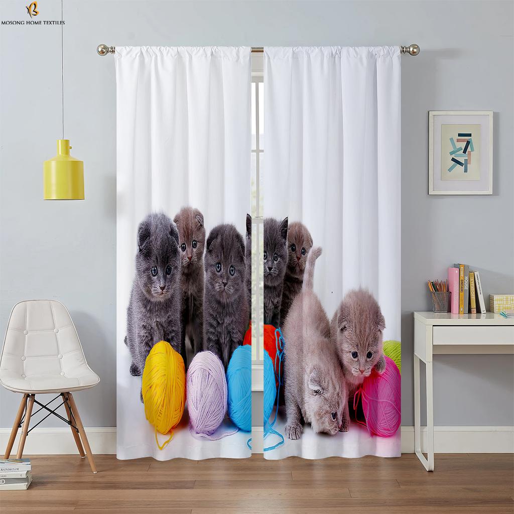 Black Cool Cat Printed Curtain Bedroom Kitchen Living Room Kids Decorative Curtains Set Of 2 Made Polyester With Rod Pocket Sitting Decor