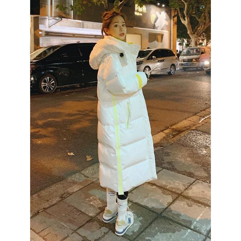 Winter Warm Thick Long Hooded Puffer Jacket Waterproof Shiny Loose Fit Color Block Coat