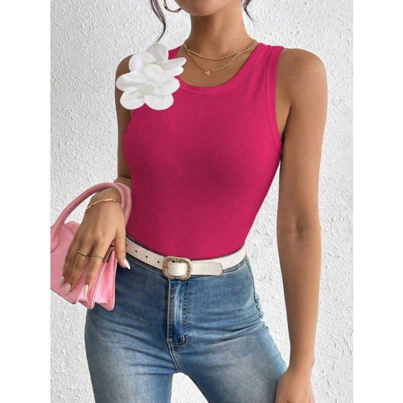 Damen Europäischer Stil 3D Blumen Dekoration Einfarbig Ärmellos Crop Tanktop