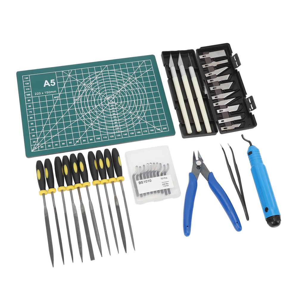 Sada 3D tiskových nástrojů obsahuje odjehlovací nástroj, kleště, pinzety, řezací podložku, příslušenství pro 3D tisk pro