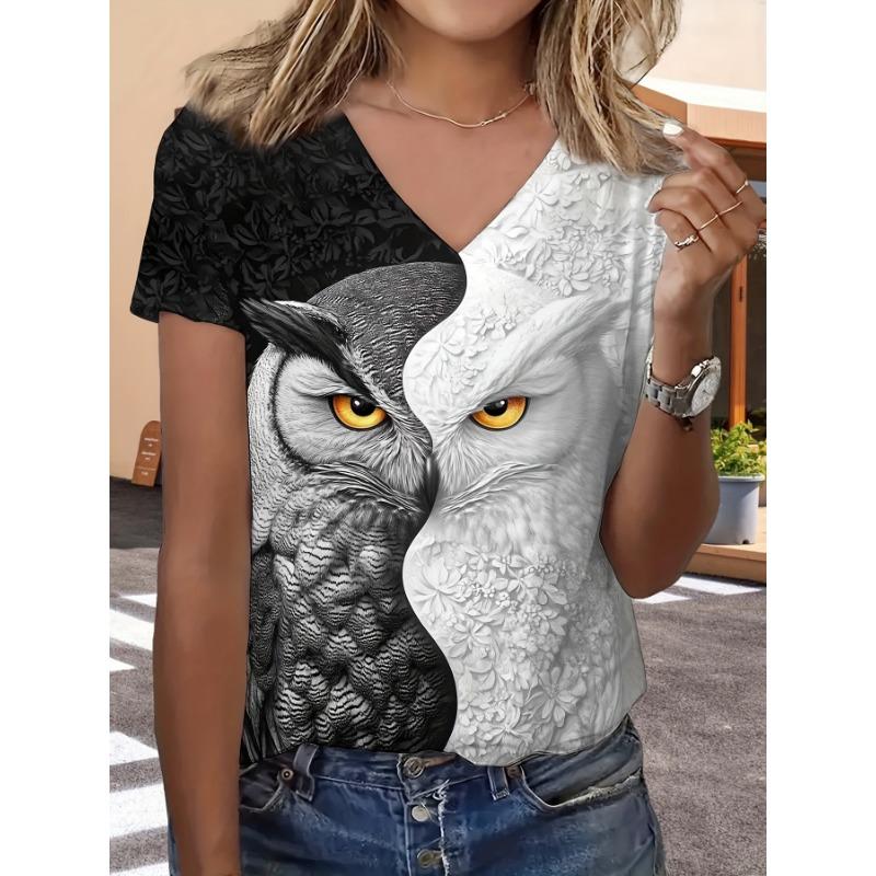 

Black And White Women S 3D V-Neck T-Shirt Featuring a Fun Owl And Yin Yang Design, Perfect for Casual Outings S