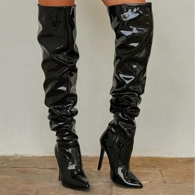 Sexy Modern Boots Autumn Winter Patent Leather Elastic Over-the-knee Boot Slim Pointed Toe Zip Thigh High Stiletto Botas