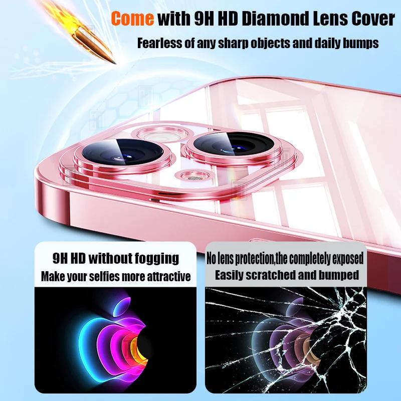 New Ultra Thin Transparent Comes with Lens Film Phone Case for iPhone 16 15 14 13 12 11 Pro Max 16 Plus Plating Shockproof Cover