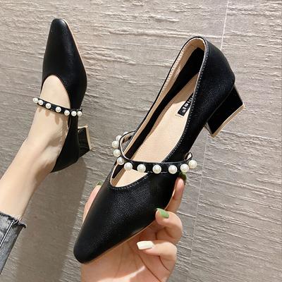 Pantofi Mary Jane din piele naturală, stil zână, perlă, vârf pătrat, pantofi cu toc gros, pantofi retro francezi la modă pentru femei