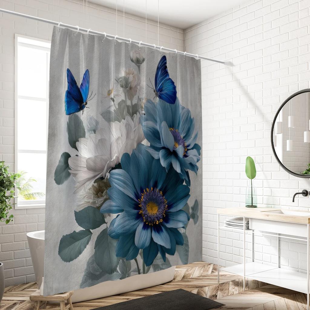1PC 3D Floral, Daisy Pattern Printed Shower Curtain, Waterproof, with 12 Hooks, Bathroom Showers, Bathtub, Home Use