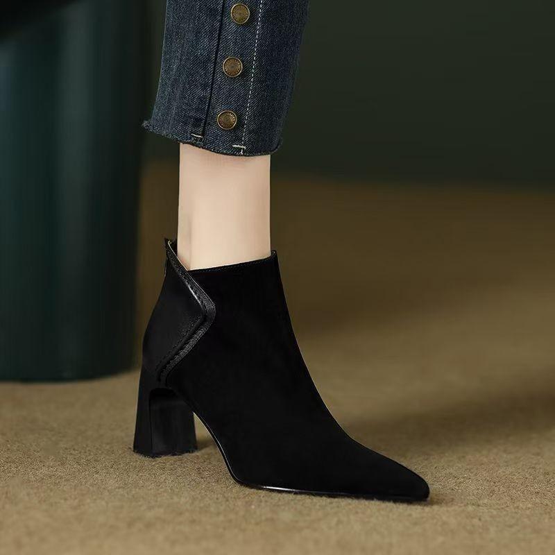 

НОВЫЕ осенние женские ботильоны из овечьей замши, туфли с острым носком и высоким каблуком для женщин, зрелые массивные ботинки для женщин Botines Mujer 34 чёрный