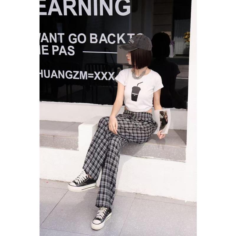 Vintage Fashion Plaid Casual Pants Versatile Ankola Red Loose Wide Leg Pants High Waist Skinny Lazy Straight Pants