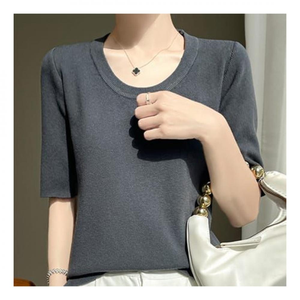 Navava Unisex Simple Daily U Neck 5 Short Sleeve Knit Nk2078