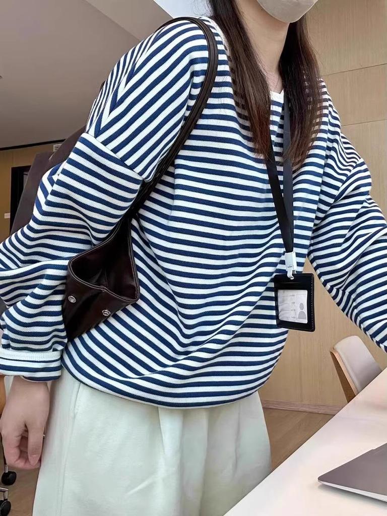 Women's Autumn Chic Korean Blue & White Striped Loose Sweatshirt