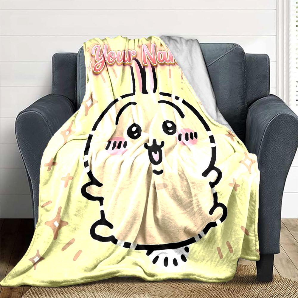 1pc Chiikawa Blanket with Custom Name, Gift, for Men and Women, Soft Blanket, Good for Sofa Bed Couch Travel, Lightweight Flannel Blanket