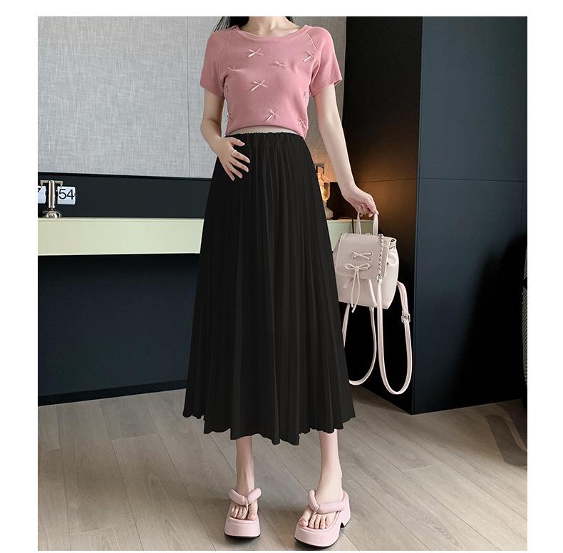 Maternity High Waist Pleated Chiffon Mid-Length Skirt - No Tummy Support, Summer Fashion.