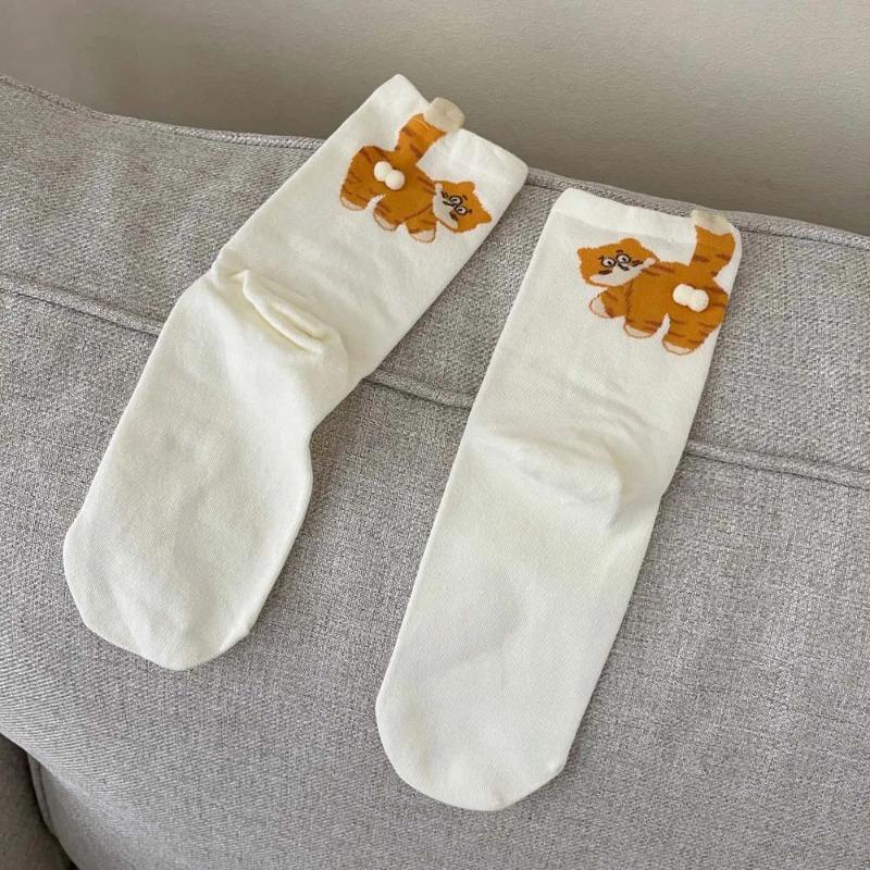 Cartoon Cute Cat Balls Cotton Socks Kawaii Lolita Knitting Socks Women Girls Middle Tube Sleep Sock Cat Print Floor Sock
