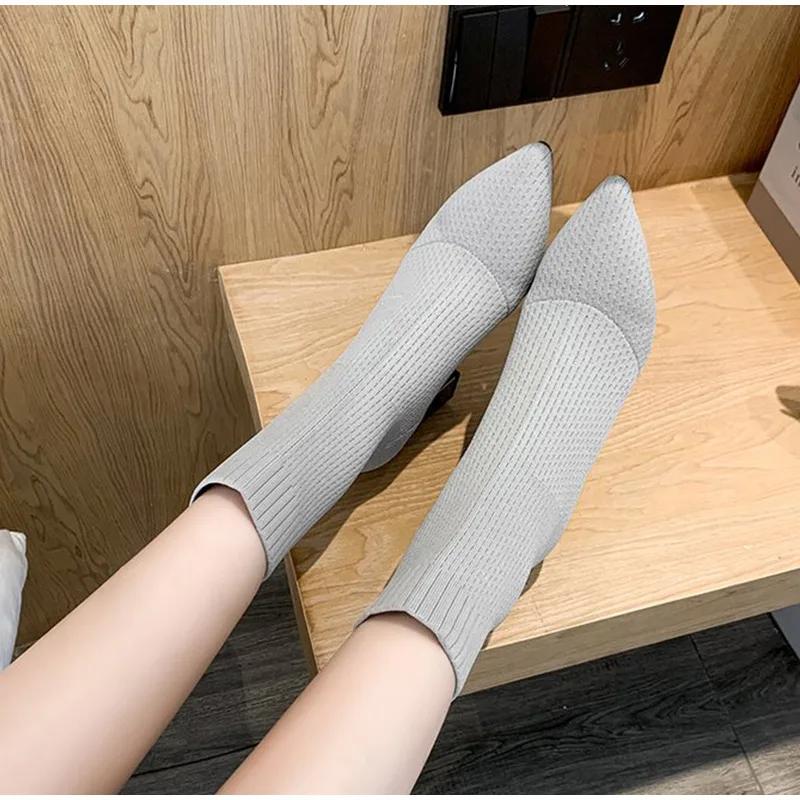 Fashion Women Socks Ankle Boots Kintting Ladies High Heels Ladies Winter Stretch Fabric Pointed Toe Shoes Fashion Female Footwear 2024