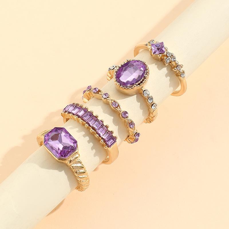 Vintage Purple Rhinestones Ring Set Imitation Crystal Bohemian LuxuryRing for Women Jewelry Wedding Party Accessories Gifts