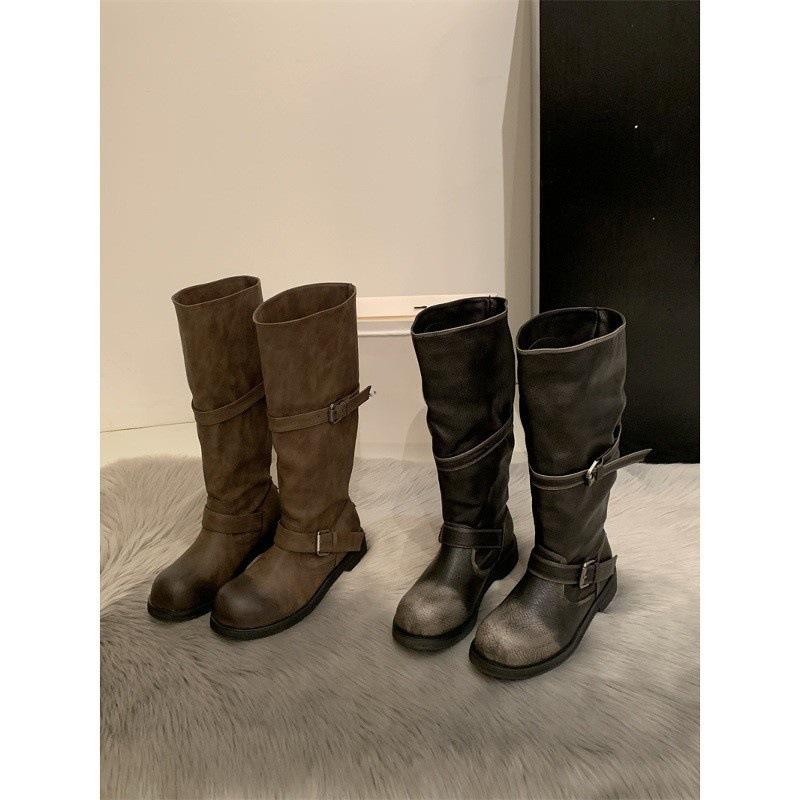 Korean Old Belt Buckle Medium Tube Knight Boots Thick Sole Niche Pile Boots Martin Boots