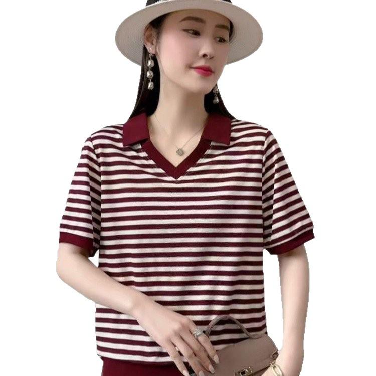 Camiseta Elegante de Verano 2026 con Bloques de Color, Cuello de Solapa, Rayas y Manga Corta