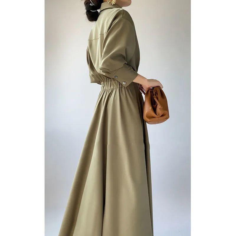 Summer New Elegant Fashion Solid Simple Waist Long Dress Women Polo-neck Temperament All-match Dresses Vestidos De Fiesta