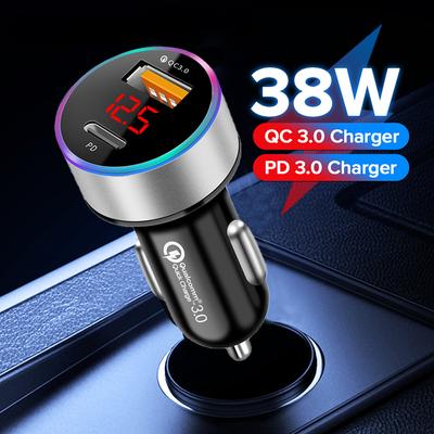 Încărcător auto PD+USB QC3.0 38W Încărcător de telefon cu încărcare rapidă Adaptor brichetă 12-24V cu afișaj voltmetru LED