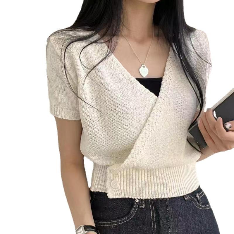 Temperament V-neck Cross Slash Placket Row of Buttons Short-sleeved Knit Shirt Summer Short Tops Female Casual Essential Slim Fit Pullovers Tees