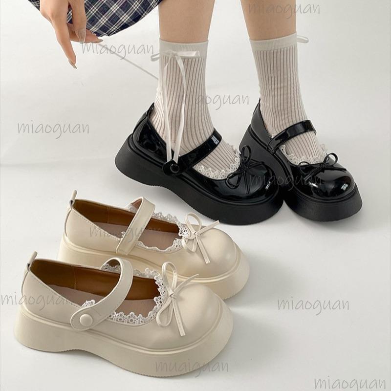 Fashion Fashion Black Beige PU Leather Women's Mary Jane Shoes Thick Bottom Bowknot Lace Decor Ladies Pumps Elegant Lolita Platform Shoe