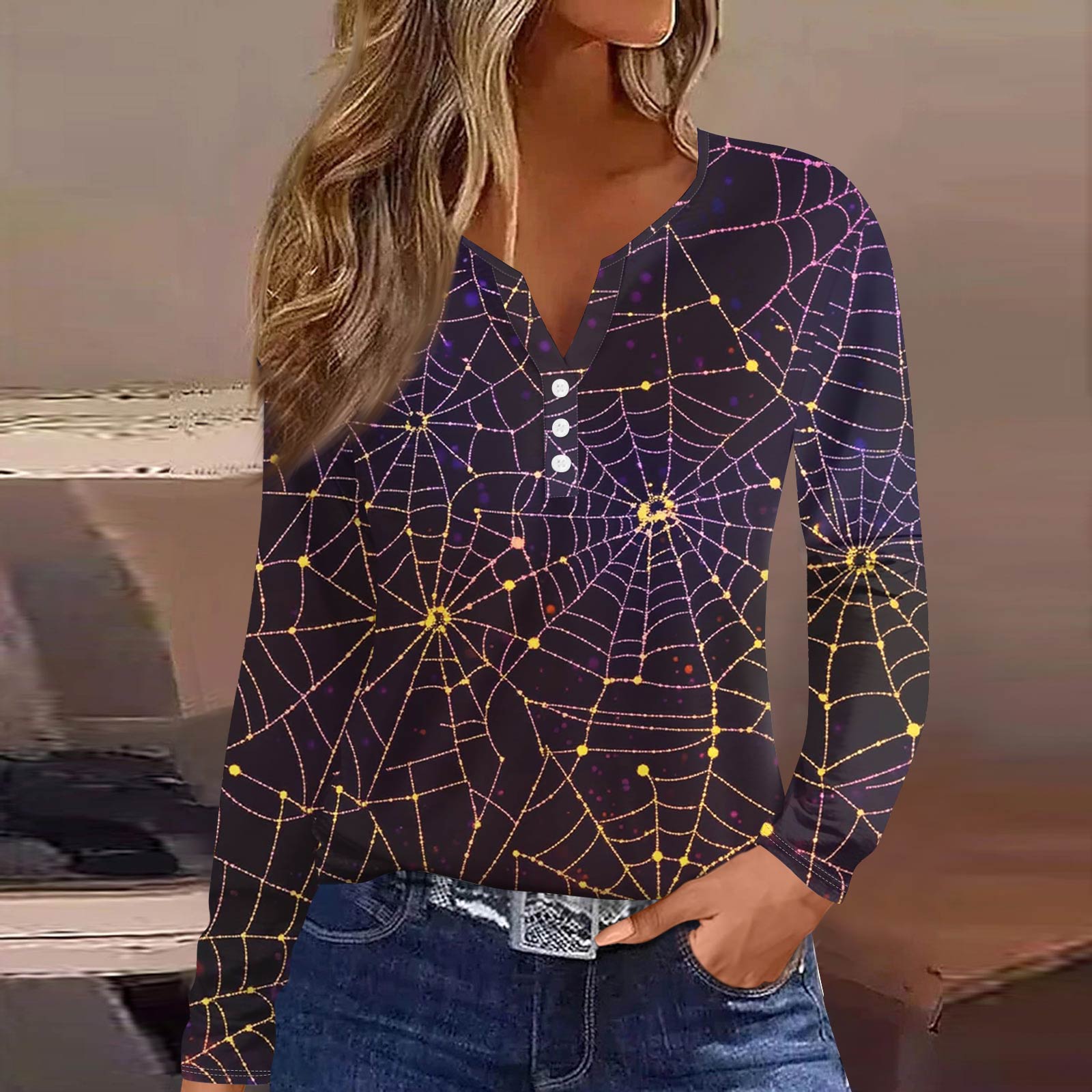 

Жен. Футболка Футболка на пуговицах с длинным рукавом Повседневные Выходные Мода Классический Топ с v-образным вырезом Обычный XXL