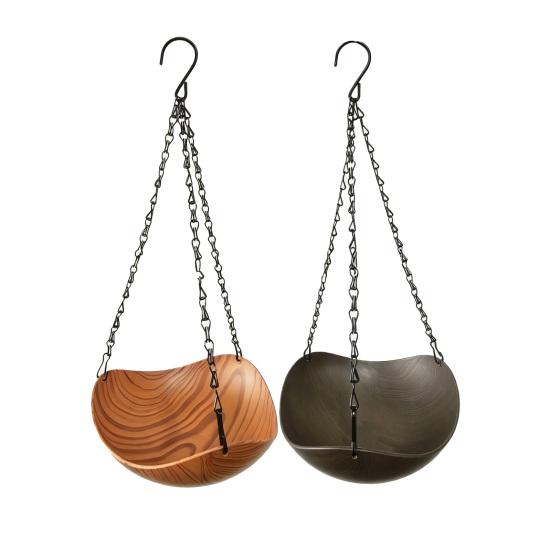 Hanging Bird Bath Imitation Wood Grain Plastic Bowl with Metal Chains Rustic Bird Bath Feeder Bowl for Multiple Birds Outdoor Garden Backyard Decor