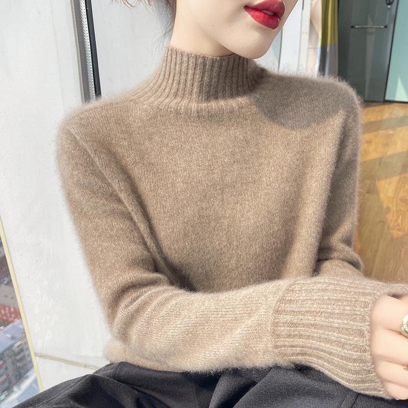 Women's Slimming Wool Knit Cardigan Sweater - Thick Half-High Neck, Warm and Versatile for Autumn/Winter