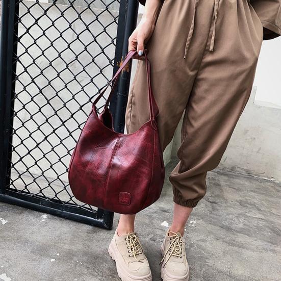 Vintage Solid Color Faux Leather Handbag Women Large Capacity Tote Shoulder Bag